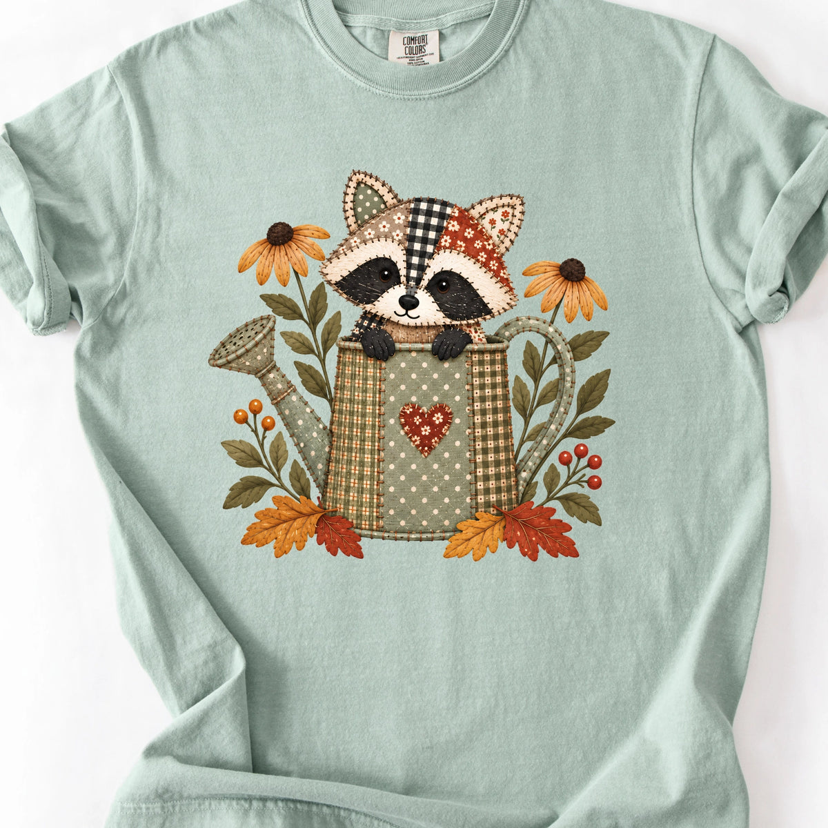 Faux Quilted Raccoon in Watering Can T-Shirt