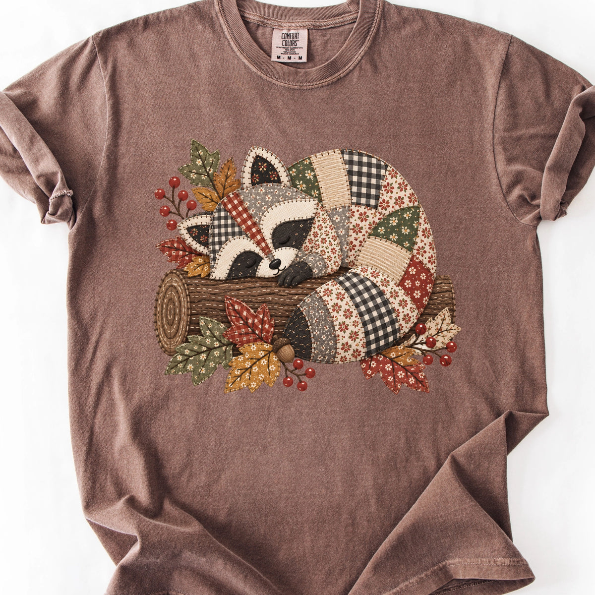 Faux Quilted Sleeping Raccoon T-Shirt