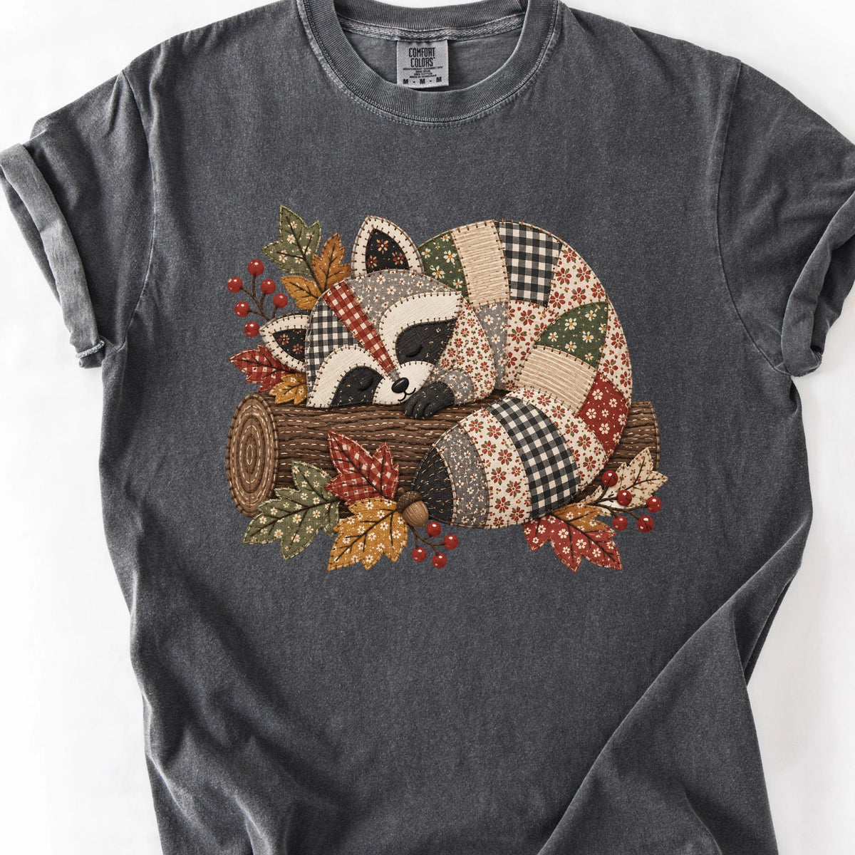 Faux Quilted Sleeping Raccoon T-Shirt