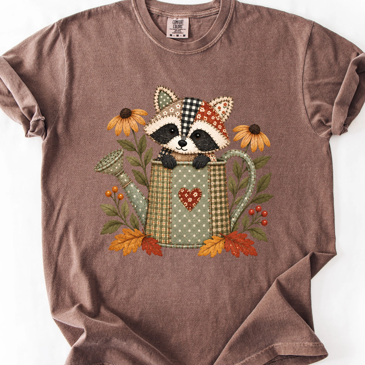 Faux Quilted Raccoon in Watering Can T-Shirt