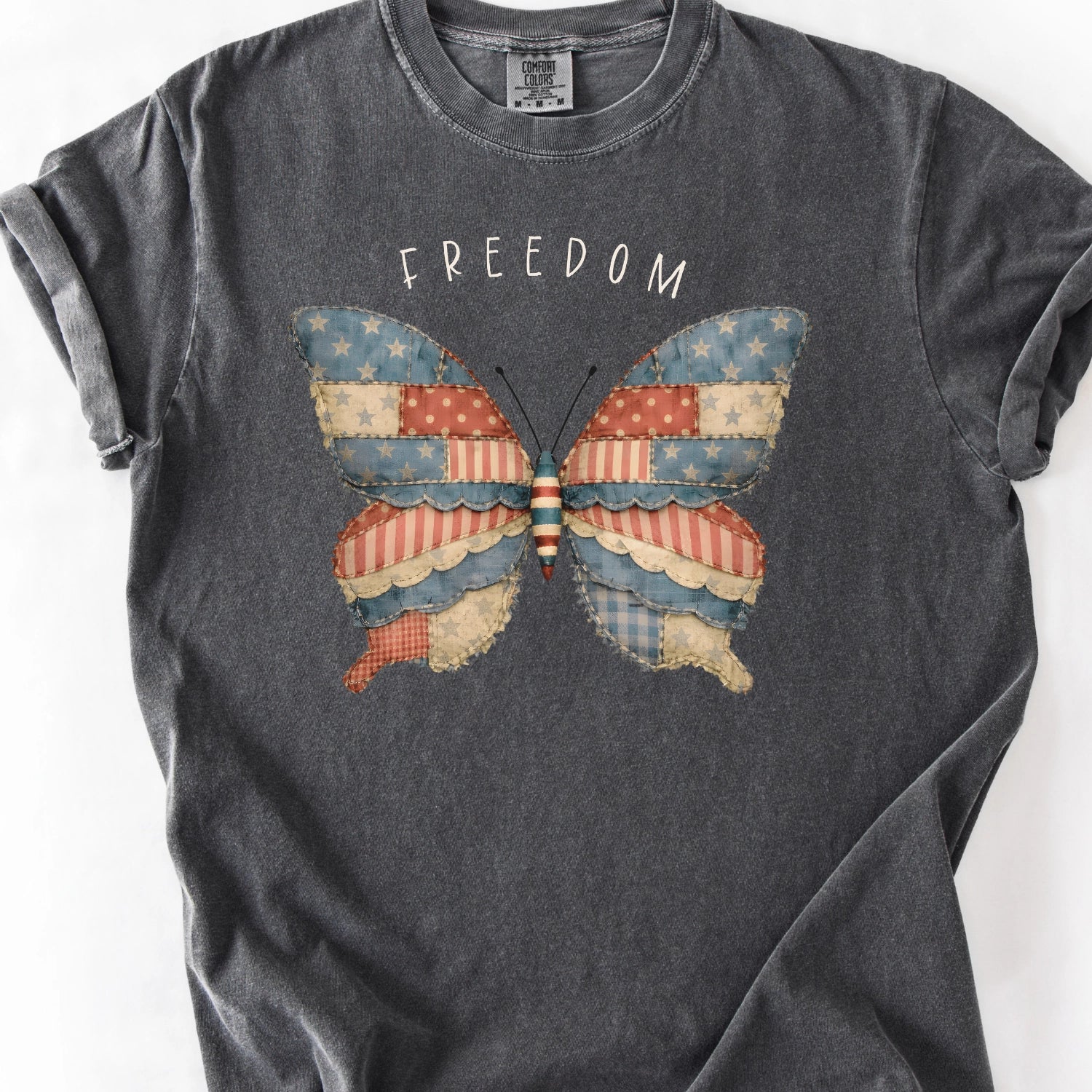 Faux Patchwork Freedom Butterfly T-shirt