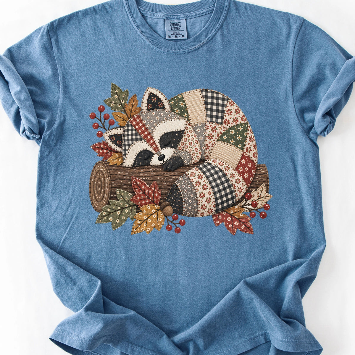 Faux Quilted Sleeping Raccoon T-Shirt