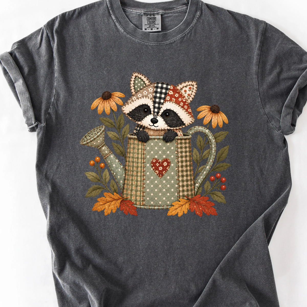 Faux Quilted Raccoon in Watering Can T-Shirt