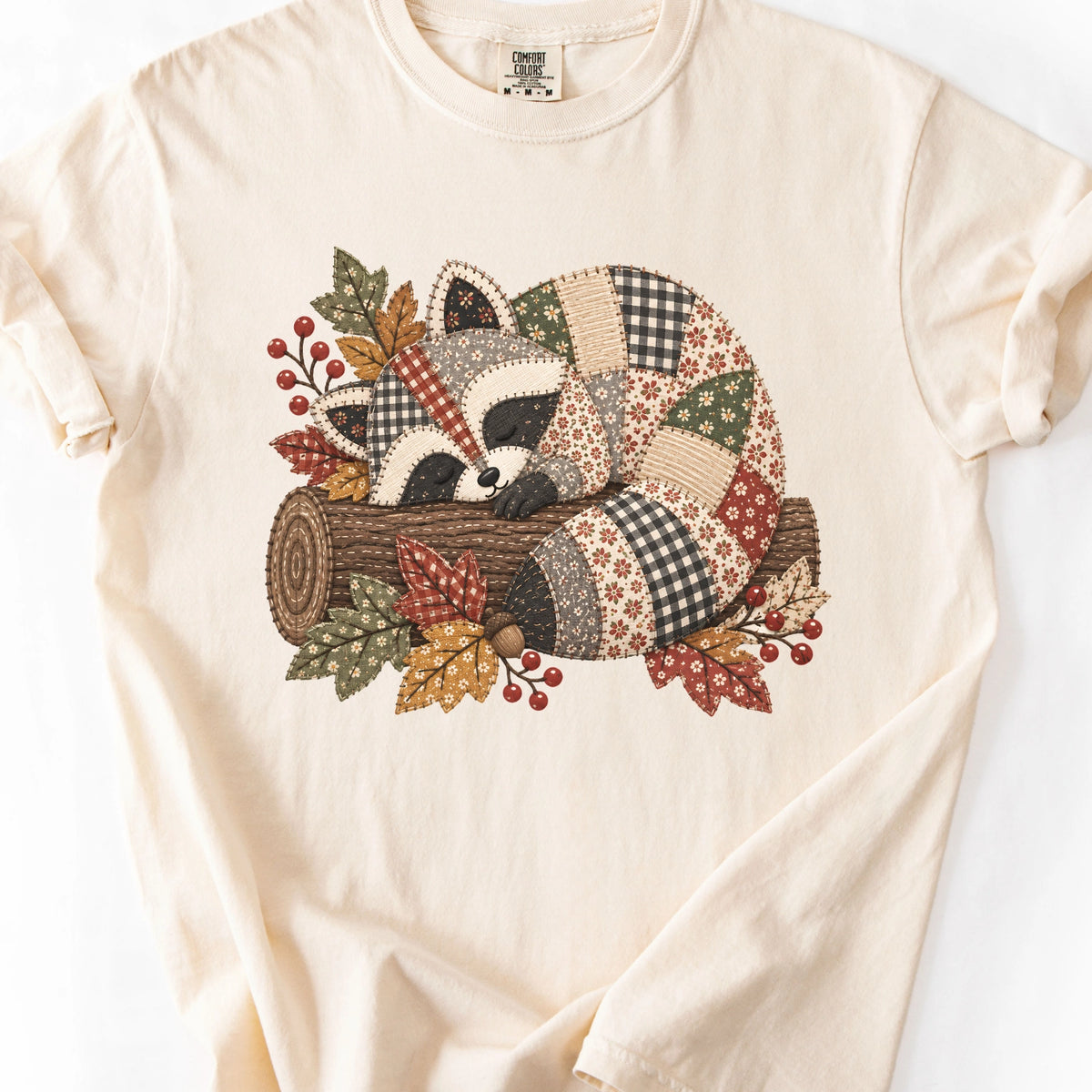 Faux Quilted Sleeping Raccoon T-Shirt