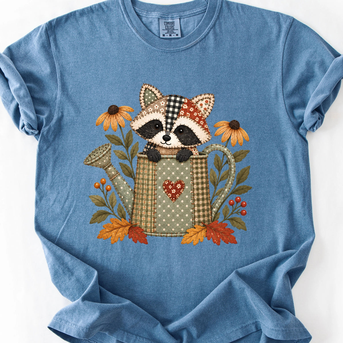 Faux Quilted Raccoon in Watering Can T-Shirt