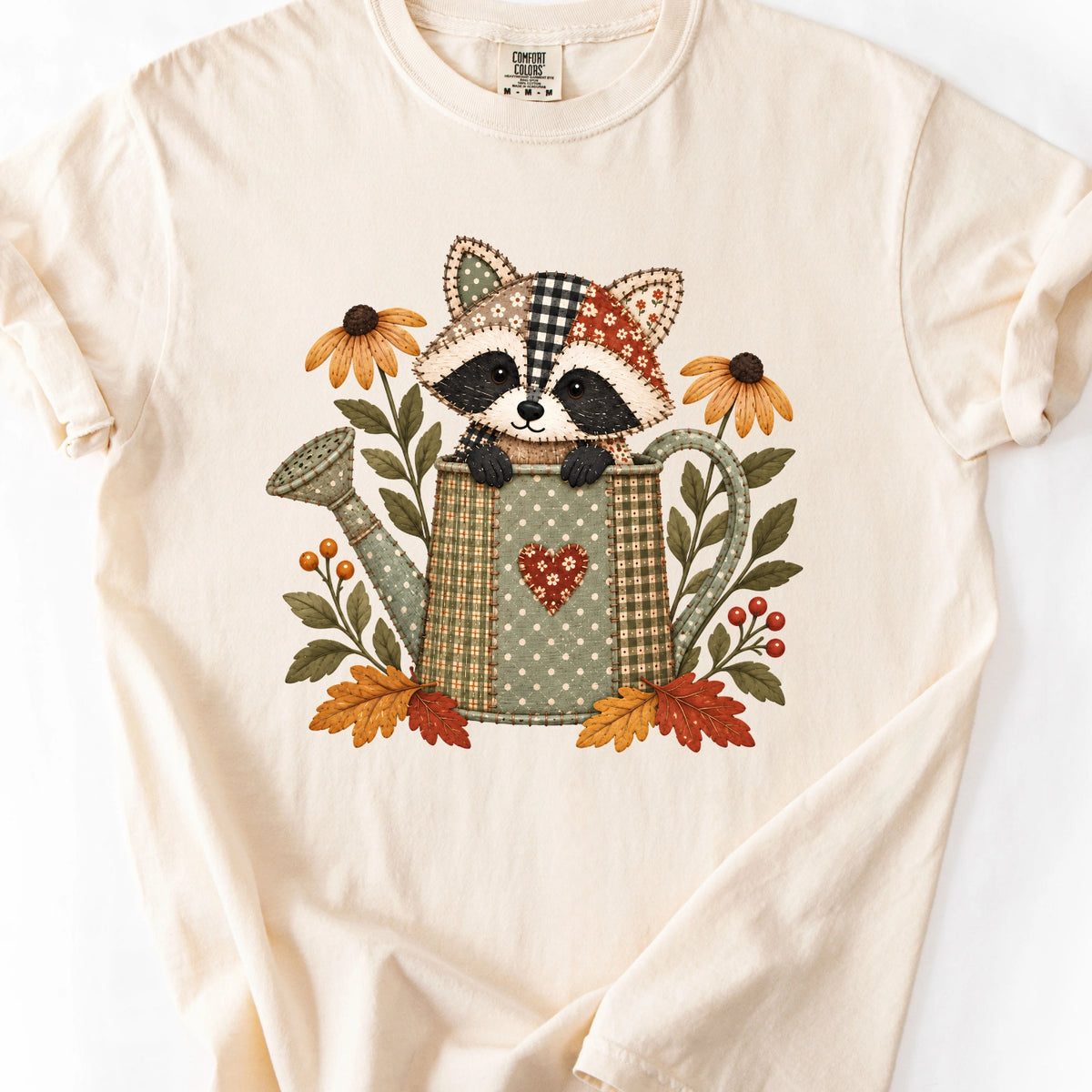 Faux Quilted Raccoon in Watering Can T-Shirt